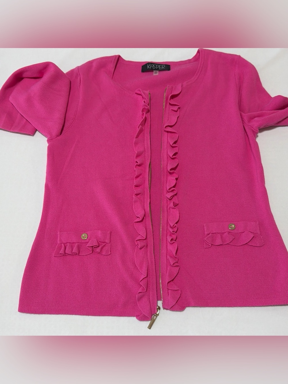 Kasper Hot Pink Ruffle Zip-Front Cardigan - Picture 5 of 10